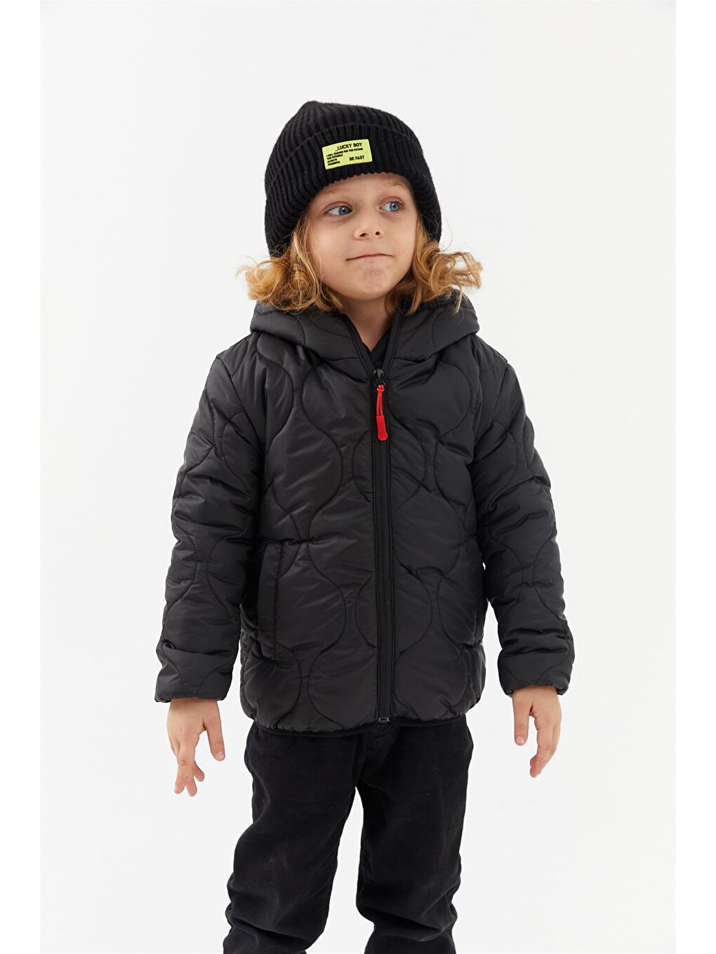 Siyah Erkek Çocuk Soğan Desen Polarlı Kapüşonlu Mont RMK-002-6