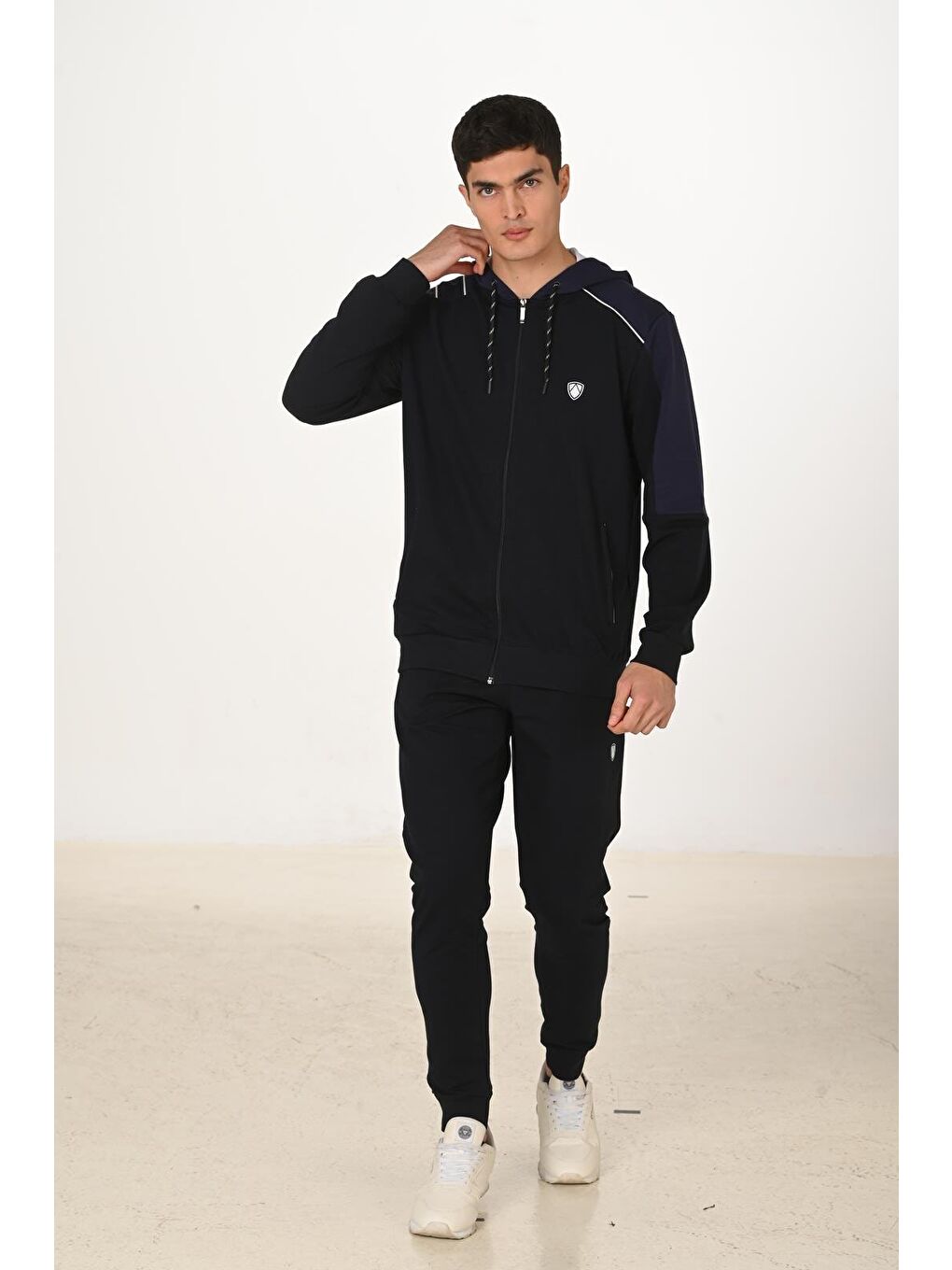 Erkek Pamuklu Tam Fermuarlı Kapüşonlu Eşofman Takımı Lacivert 5282-L-1