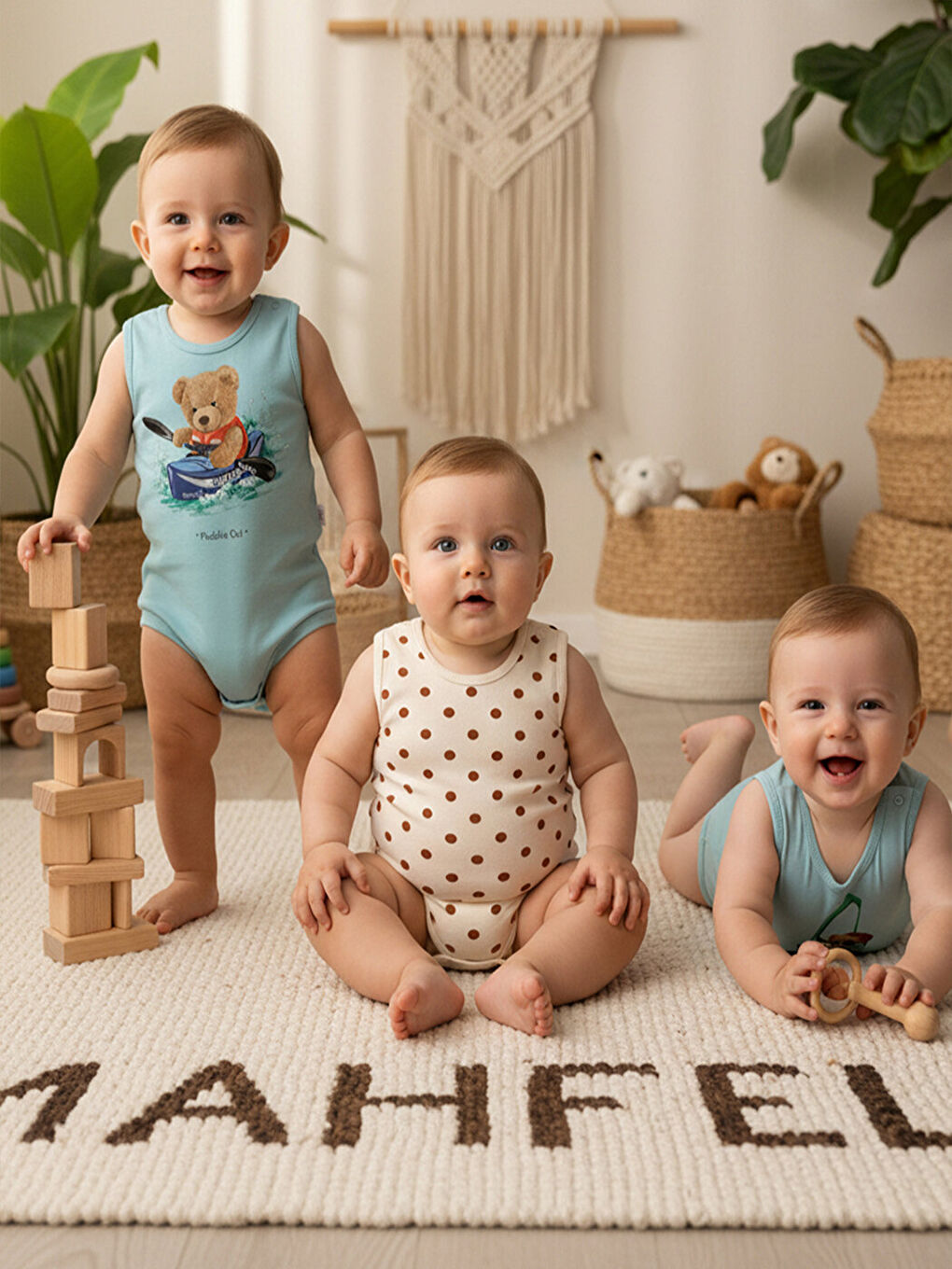 Mavi %100 Pamuklu 3'lü Atlet Çıtçıtlı Bebek Body Zıbın 33-34-1