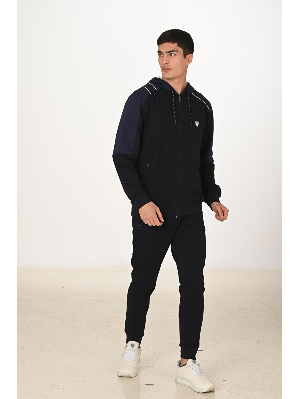 Erkek Pamuklu Tam Fermuarlı Kapüşonlu Eşofman Takımı Lacivert 5282-L-3
