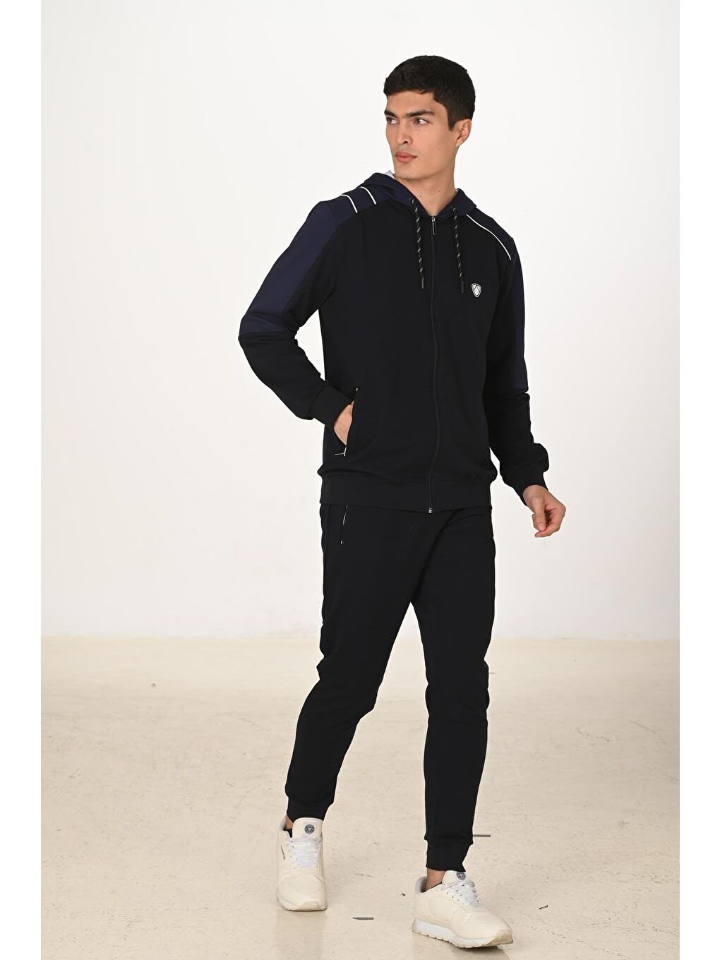 Erkek Pamuklu Tam Fermuarlı Kapüşonlu Eşofman Takımı Lacivert 5282-L-4