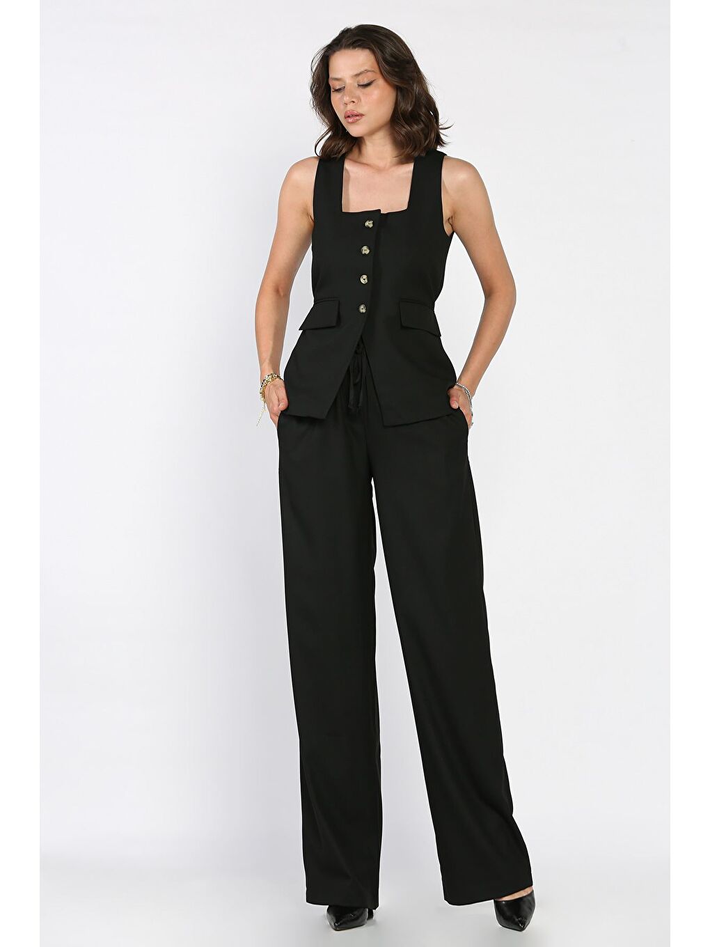 Siyah Kadın Kare Yaka Yelek Bel Lastikli Pantolon İkili Takım-1