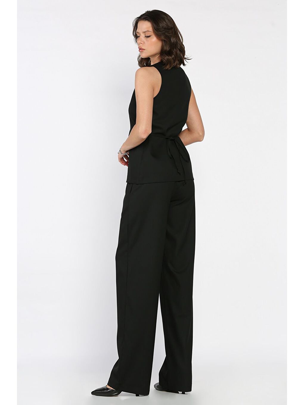 Siyah Kadın Kare Yaka Yelek Bel Lastikli Pantolon İkili Takım-2