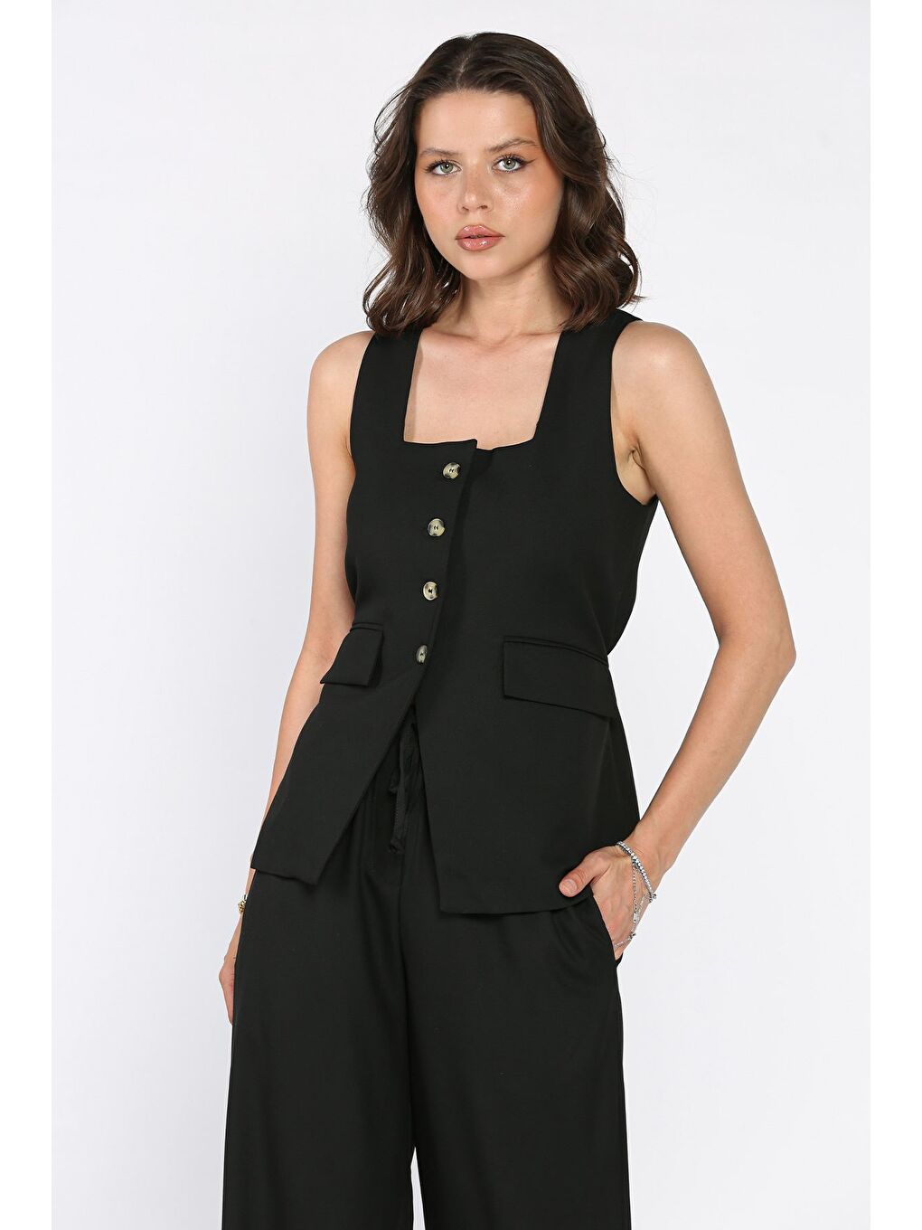 Siyah Kadın Kare Yaka Yelek Bel Lastikli Pantolon İkili Takım-3