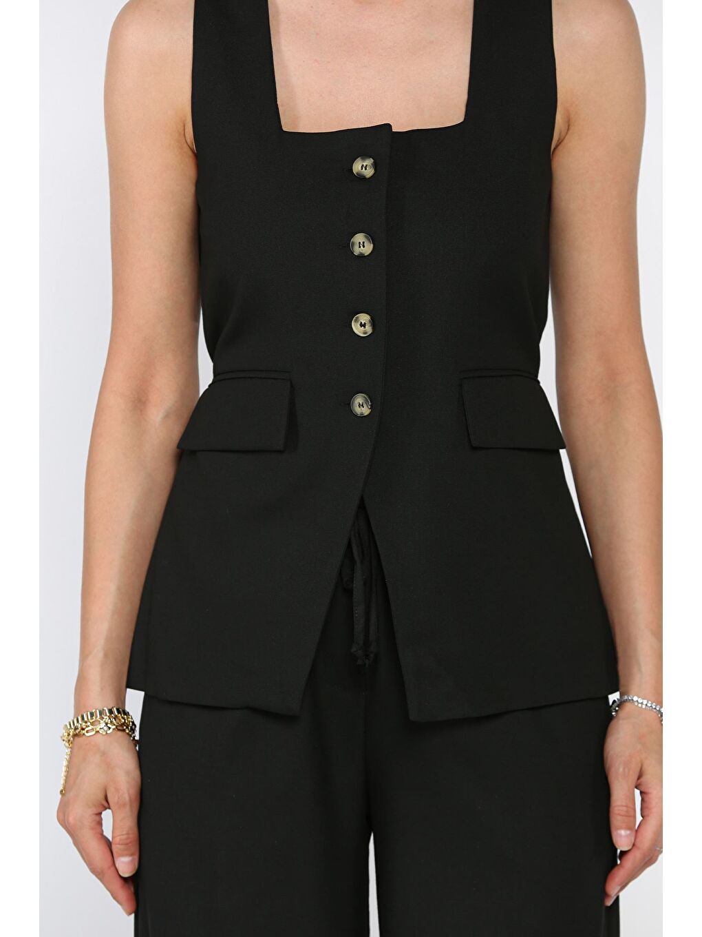 Siyah Kadın Kare Yaka Yelek Bel Lastikli Pantolon İkili Takım-4