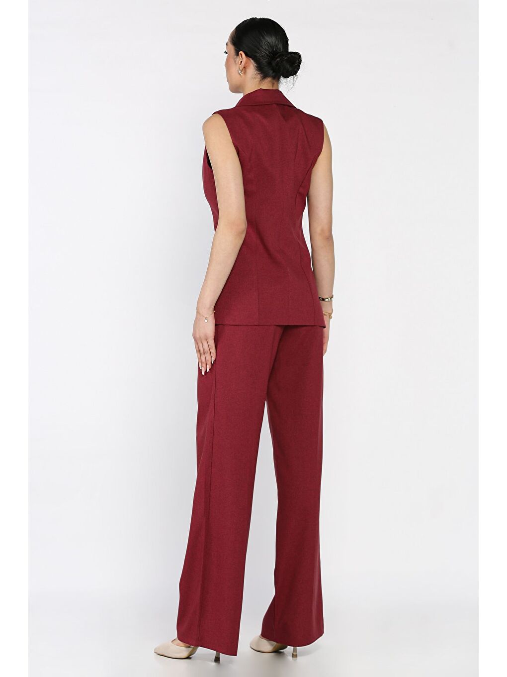Bordo Kruvaze Yaka Astarlı Yelek Pantolon İkili Takım-2