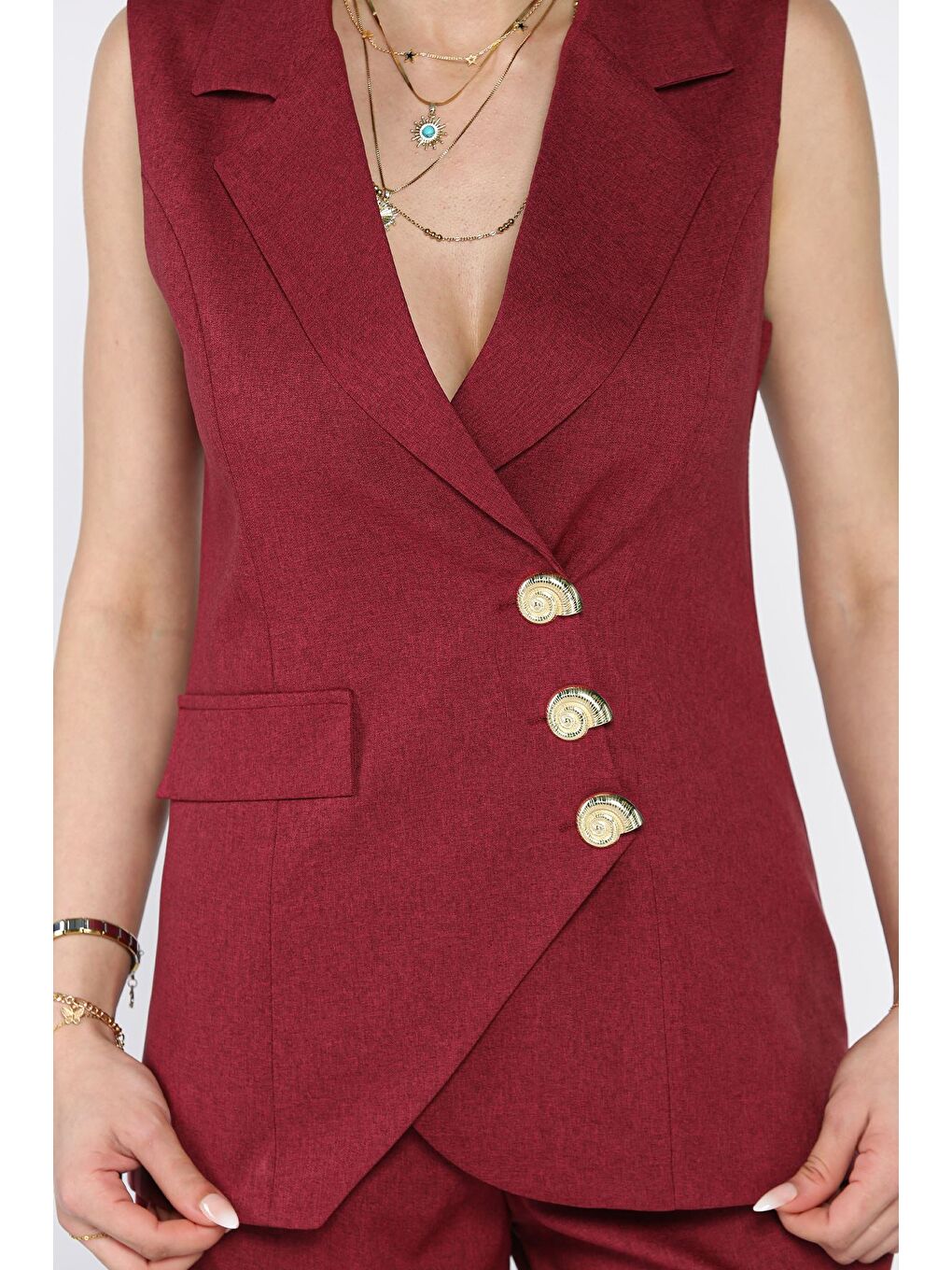 Bordo Kruvaze Yaka Astarlı Yelek Pantolon İkili Takım-3