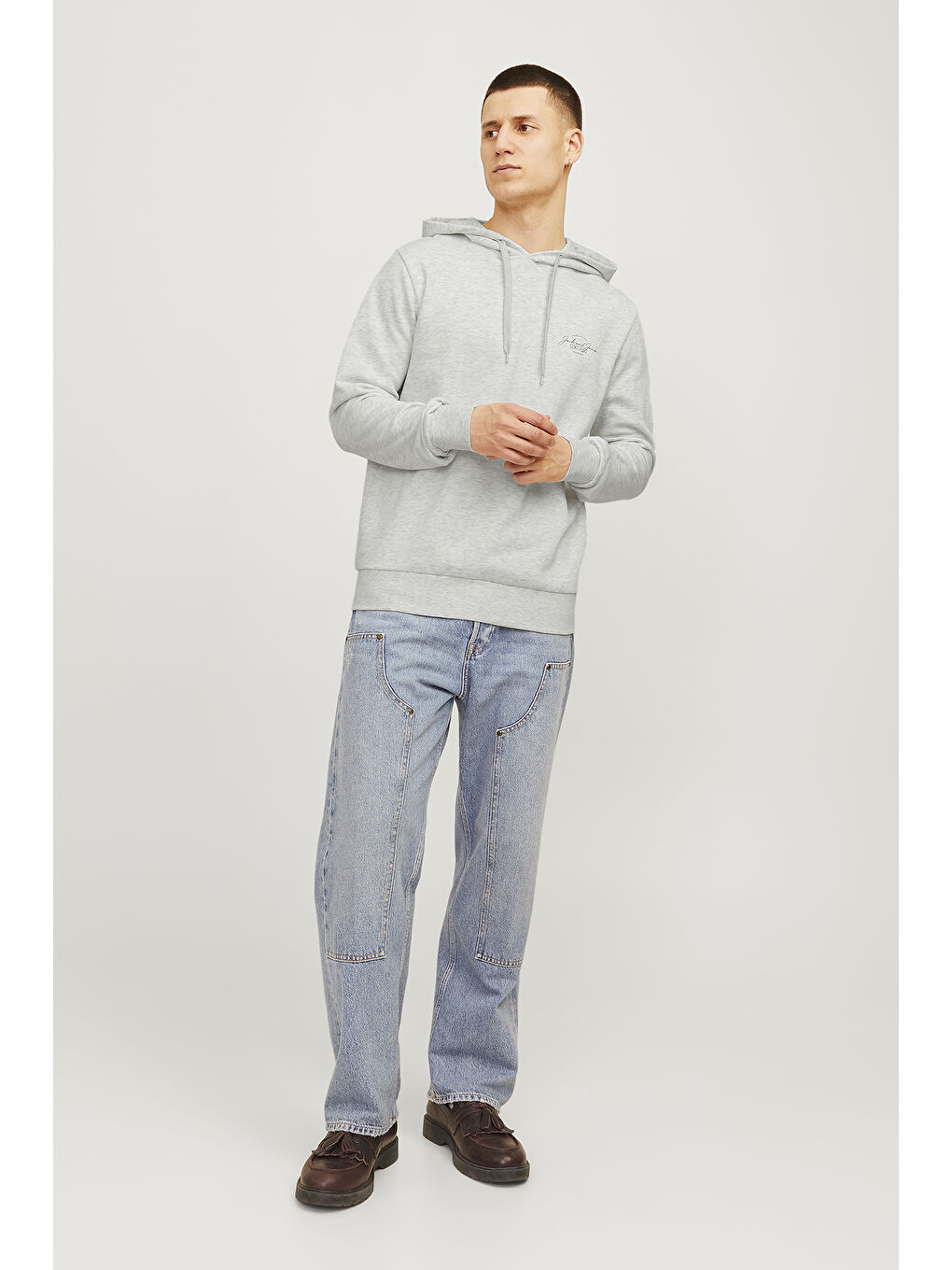 Jack & Jones Gri Jjferris Pamuk Karışımlı Regular Fit Kapüşonlu Erkek Sweat 12256838 - 2