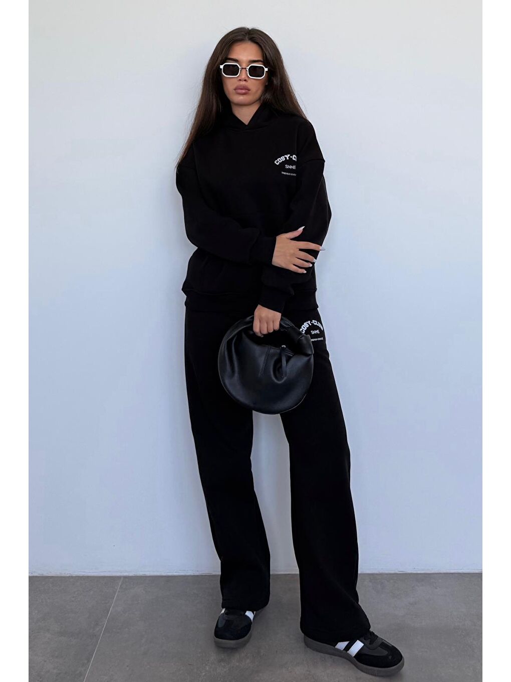 Siyah Kapüşonlu Baskılı Kadın Eşofman Takımı Mg2524-3