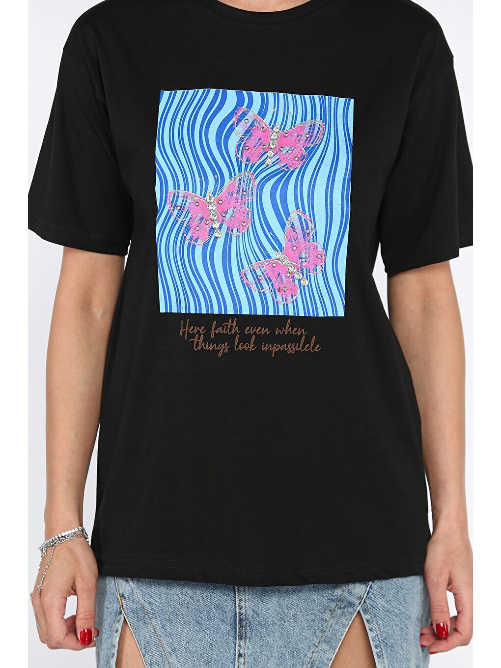 Siyah Kadın Bisiklet Yaka Baskılı Taş İşlemeli Tişört-3