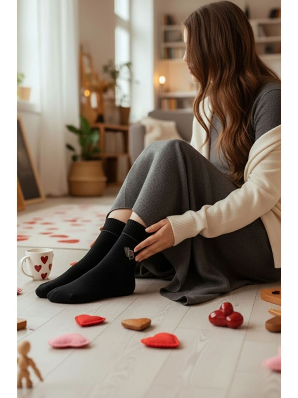 Karışık Kadın Taş İşlemeli Kalp Desenli Pamuklu Premium Soket Çorap 12’li Set-7