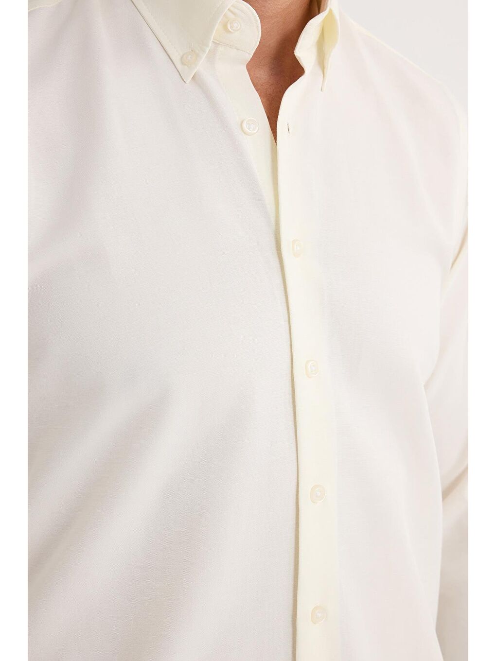 Regular Fit Düğmeli Yaka Pamuklu Kolay Ütü Oxford Düz Erkek Ekru Gömlek-2