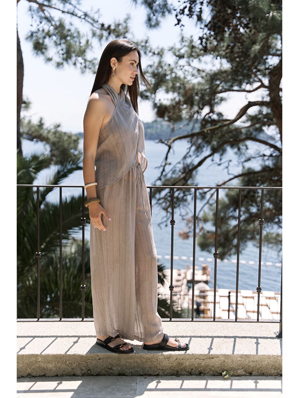 Bej Cadhas Boyundan Bağlamalı Vizon Crop Pantolon Takım-3