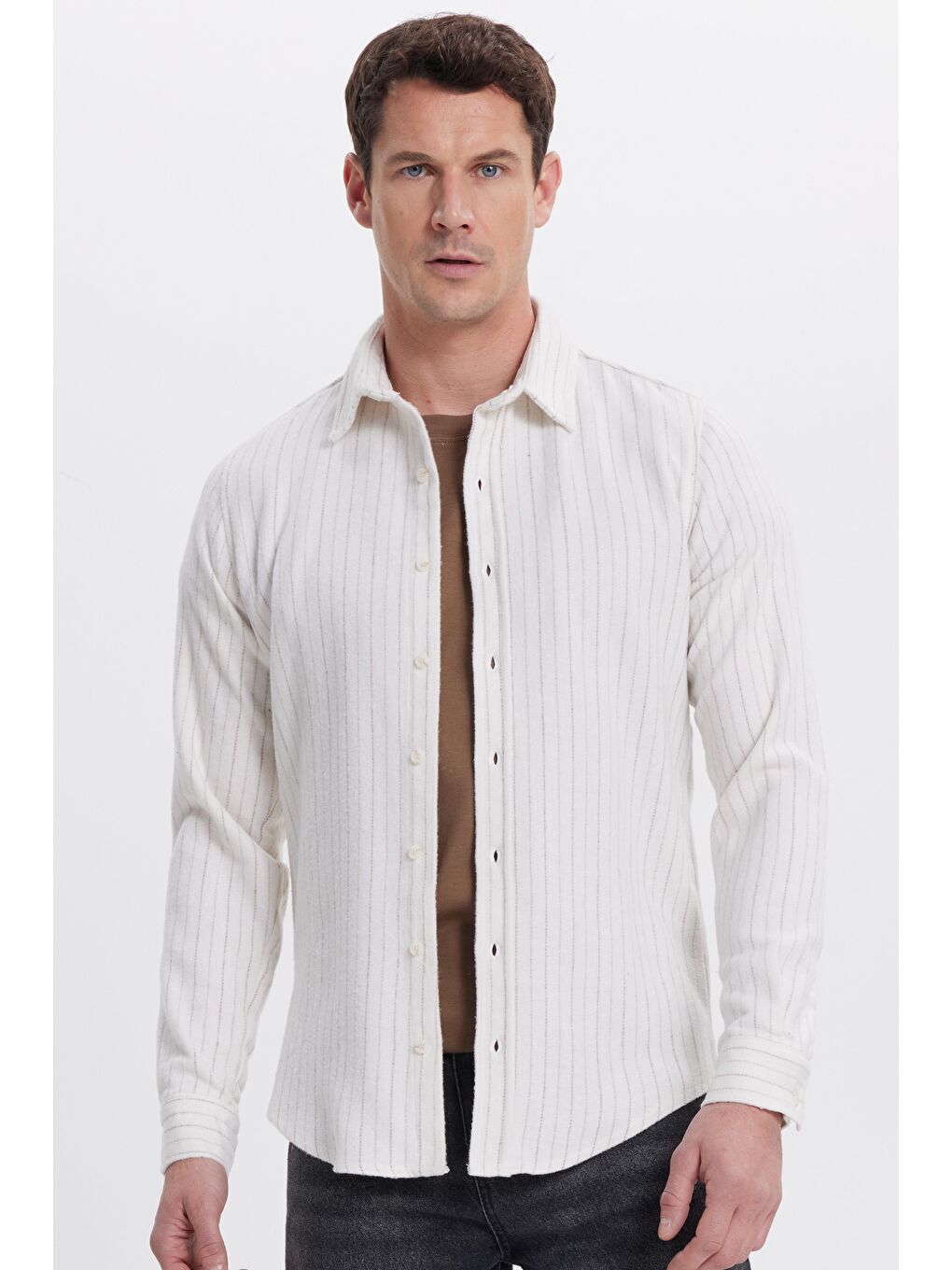 Karışık Erkek Slim Fit Dar Kesim Yaka Düğmeli Çizgili Oduncu Gömlek