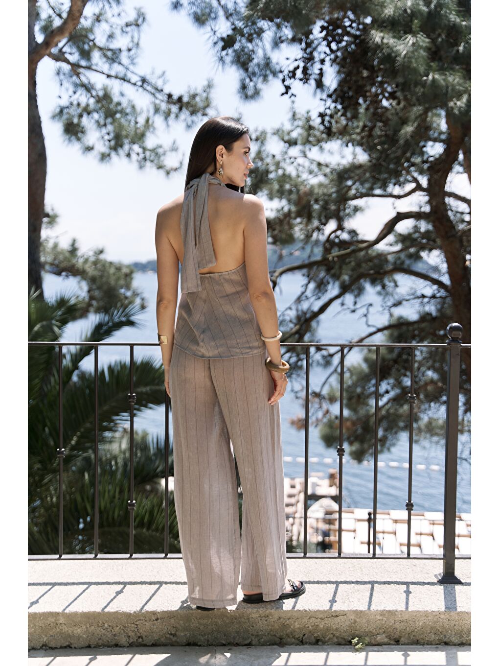 Bej Cadhas Boyundan Bağlamalı Vizon Crop Pantolon Takım-4