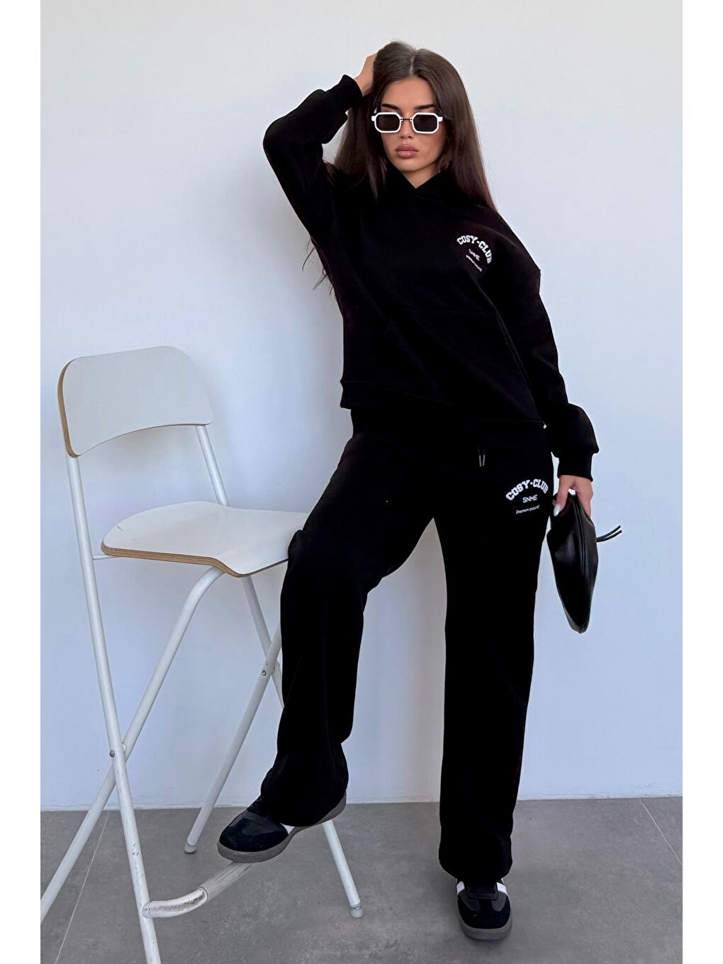 Siyah Kapüşonlu Baskılı Kadın Eşofman Takımı Mg2524-5