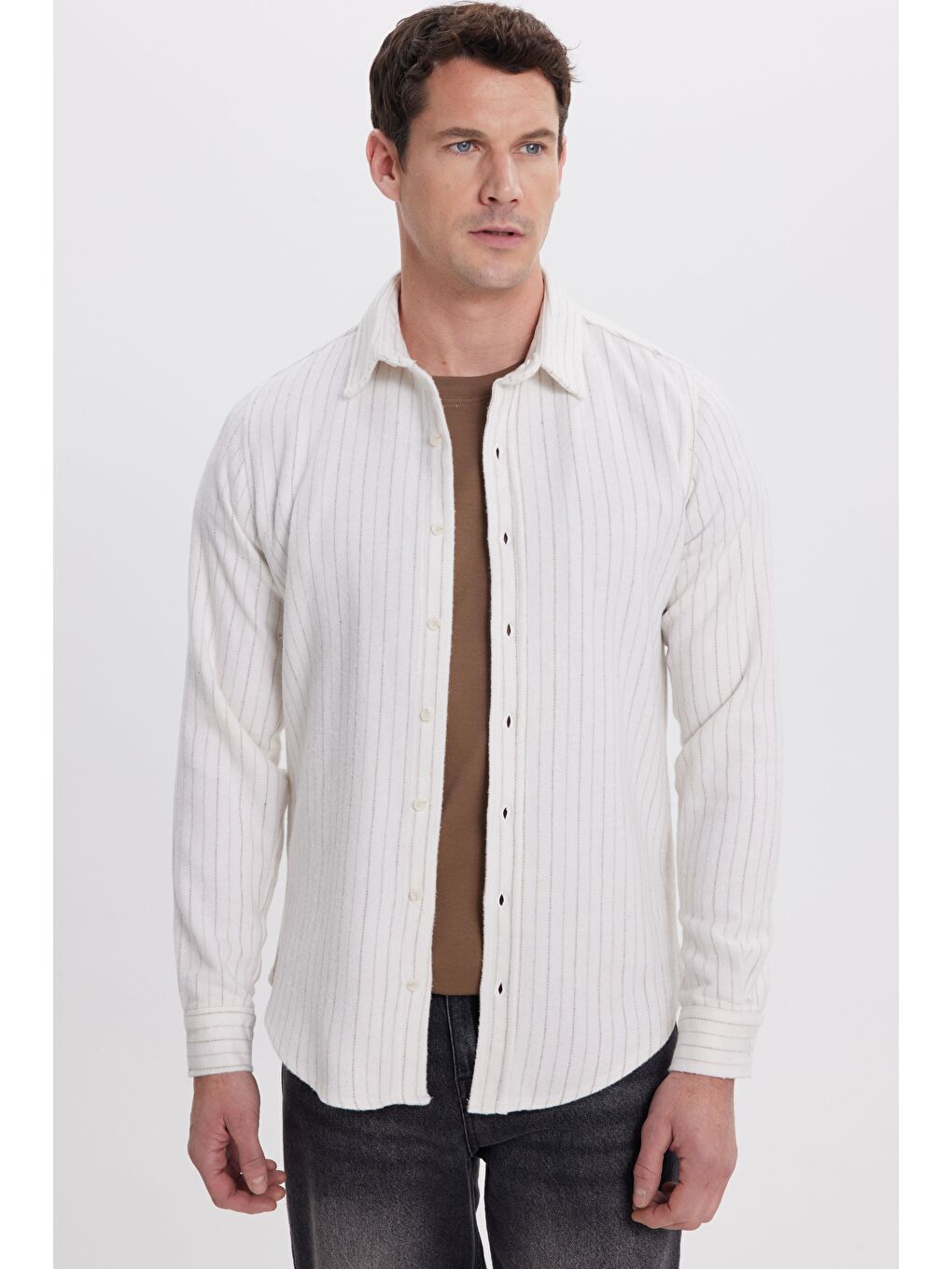 Karışık Erkek Slim Fit Dar Kesim Yaka Düğmeli Çizgili Oduncu Gömlek-1