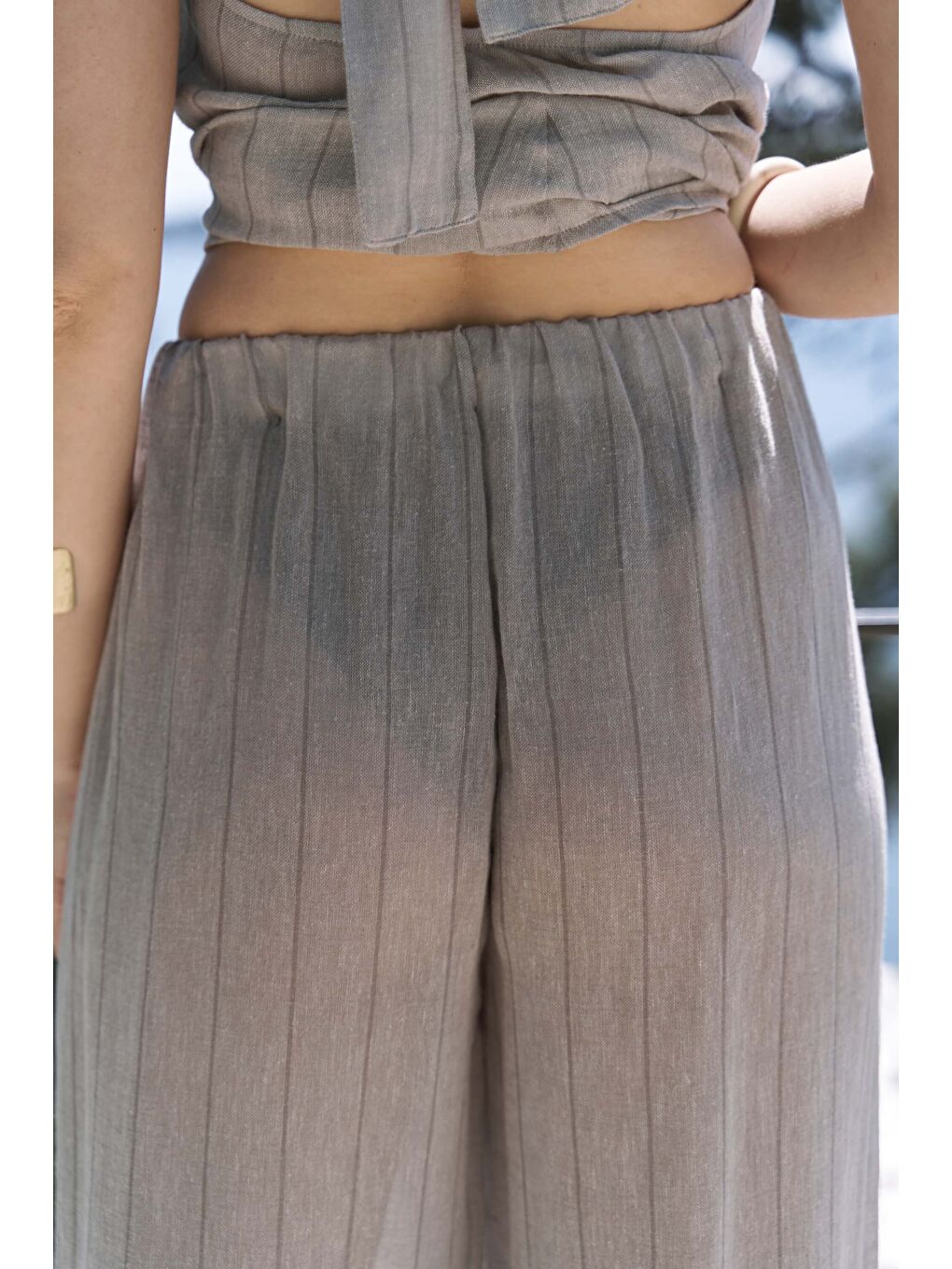 Bej Cadhas Boyundan Bağlamalı Vizon Crop Pantolon Takım-5