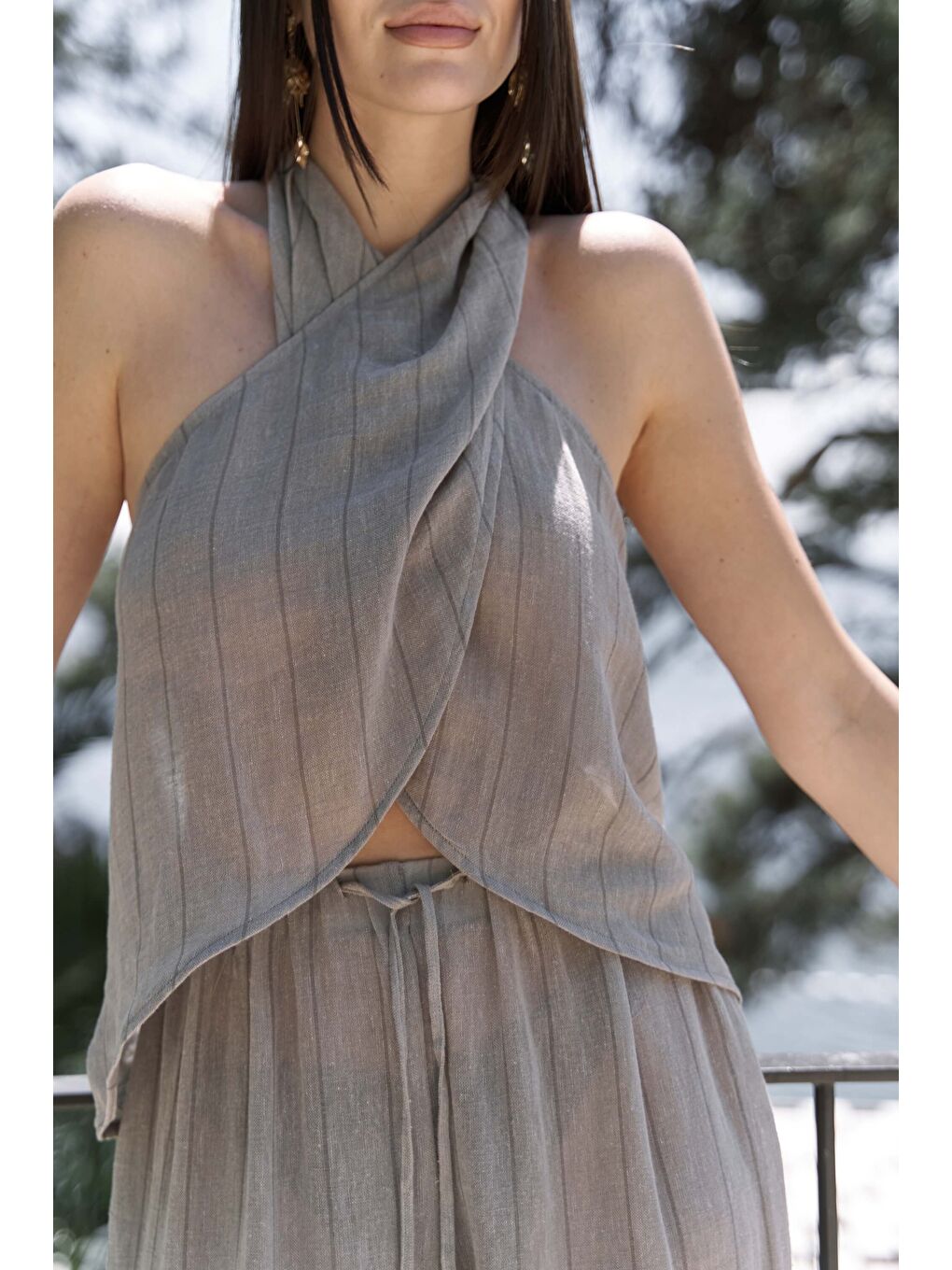 Bej Cadhas Boyundan Bağlamalı Vizon Crop Pantolon Takım-6