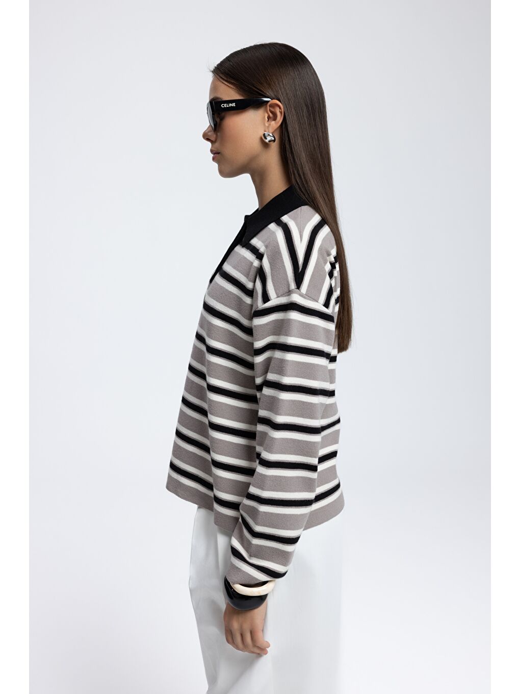 Moss Çizgili Gri Polo Yaka Triko Kazak-3