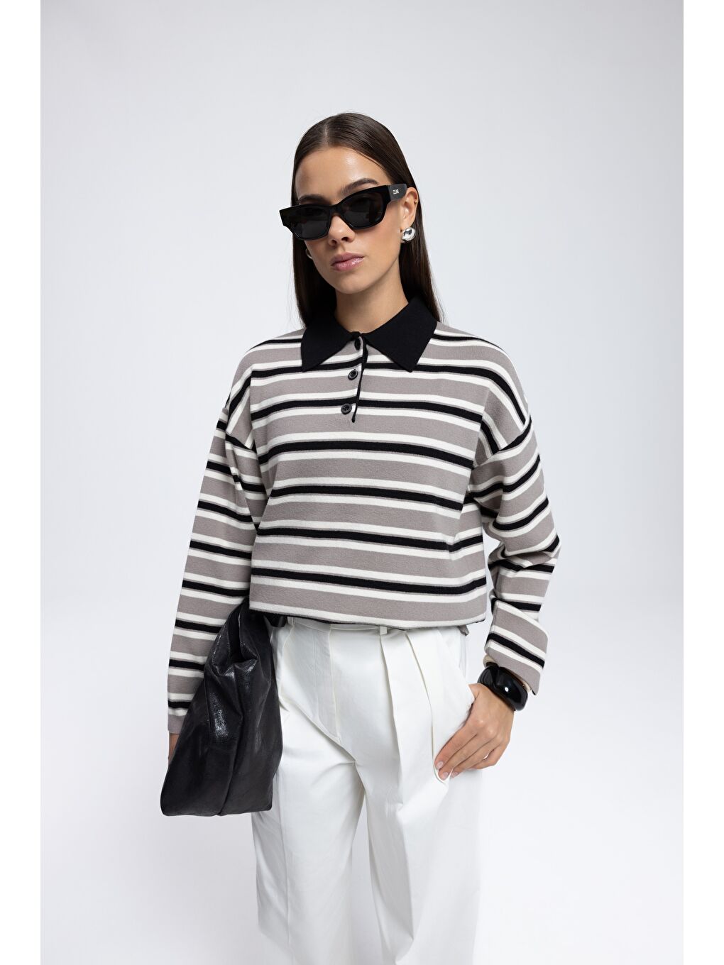 Moss Çizgili Gri Polo Yaka Triko Kazak-5