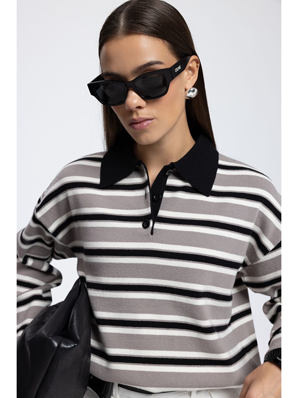 Moss Çizgili Gri Polo Yaka Triko Kazak-6