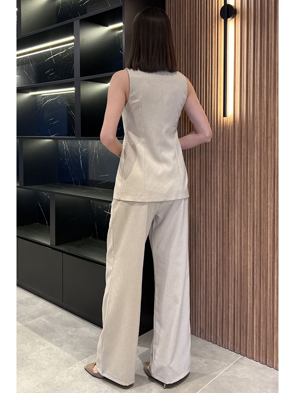 Bej Çift Düğmeli Yelek Pantolon İkili Takım-2