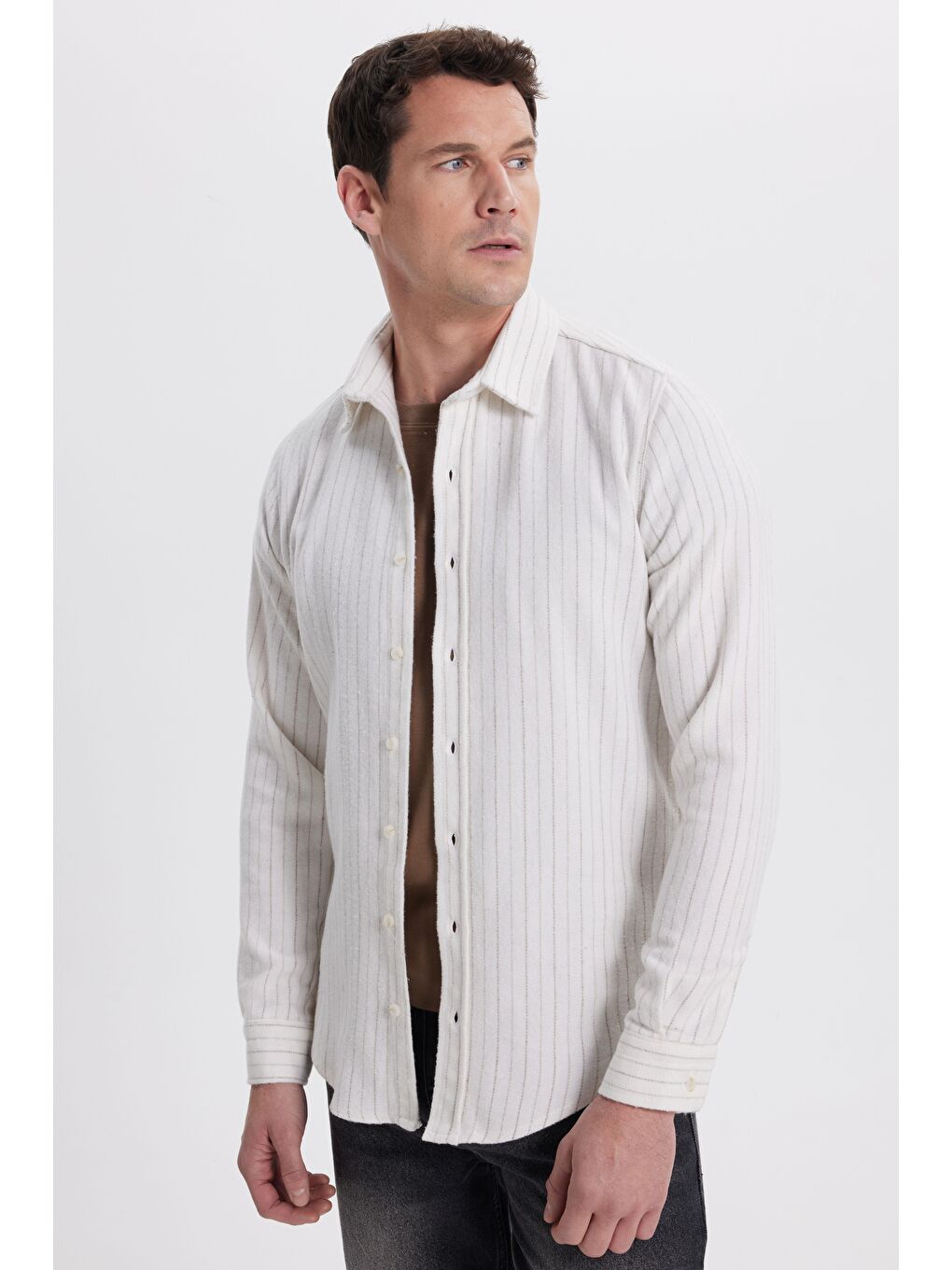 Karışık Erkek Slim Fit Dar Kesim Yaka Düğmeli Çizgili Oduncu Gömlek-3