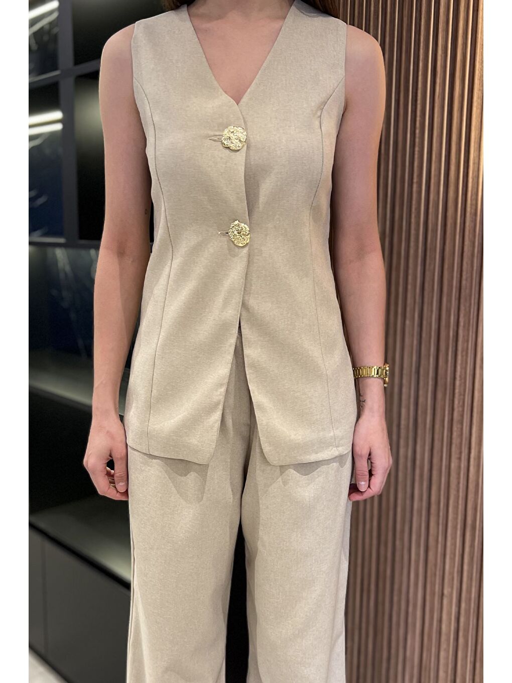 Bej Çift Düğmeli Yelek Pantolon İkili Takım-3