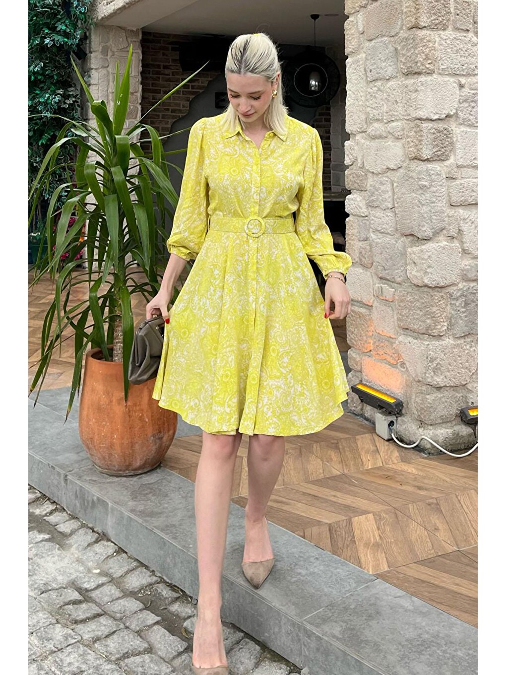 Sarı Çiçek Desenli Gömlek Yaka Mini Elbise Mg1823-2