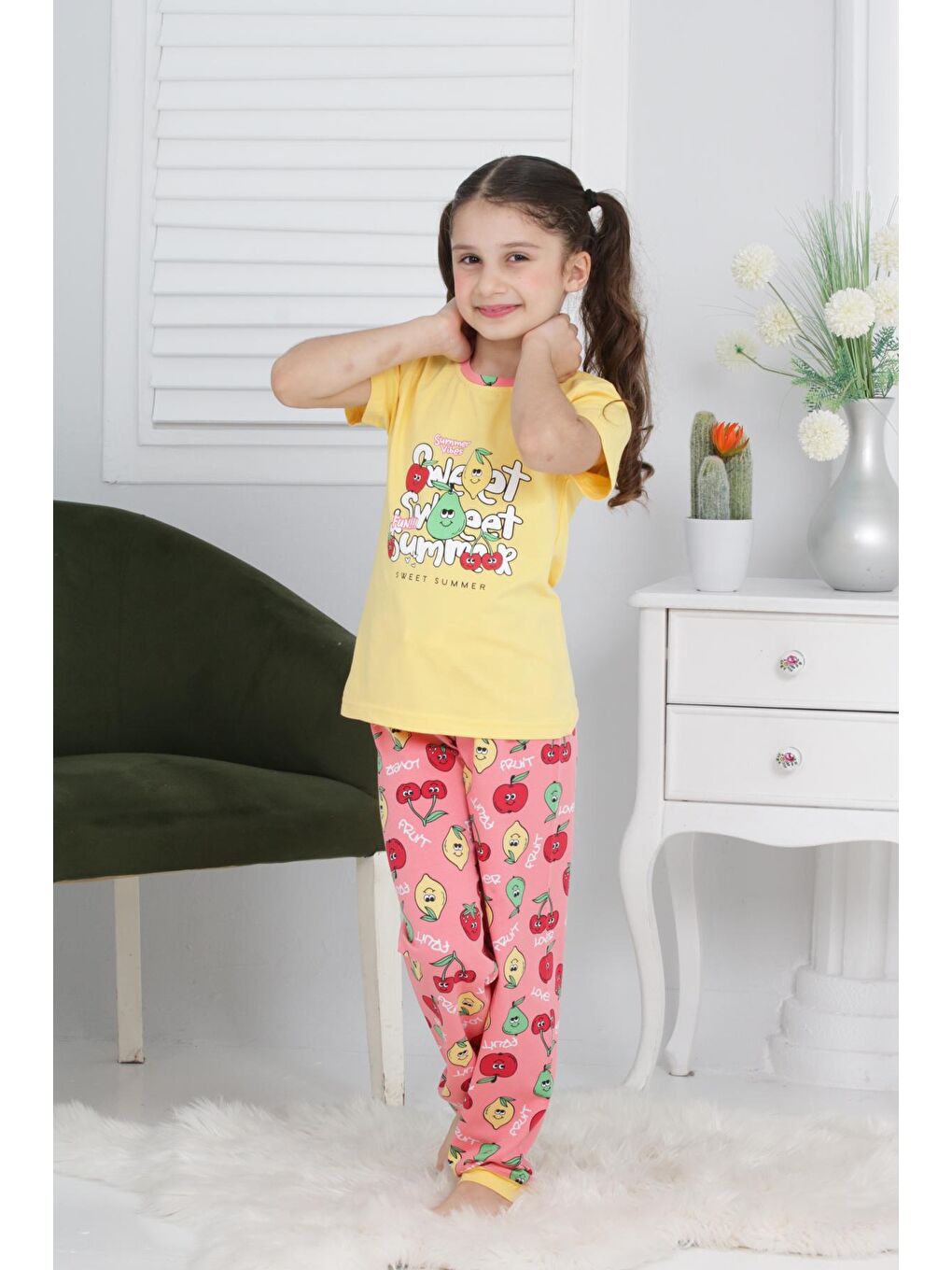 Kapi Kids Sarı Kız Çocuk Meyve Baskılı Pijama Takımı 3-11 Yaş 6073-74