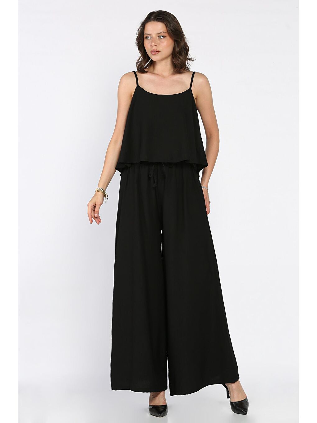 Siyah İp Askılı Bluz Palazzo Pantolon İkili Takım