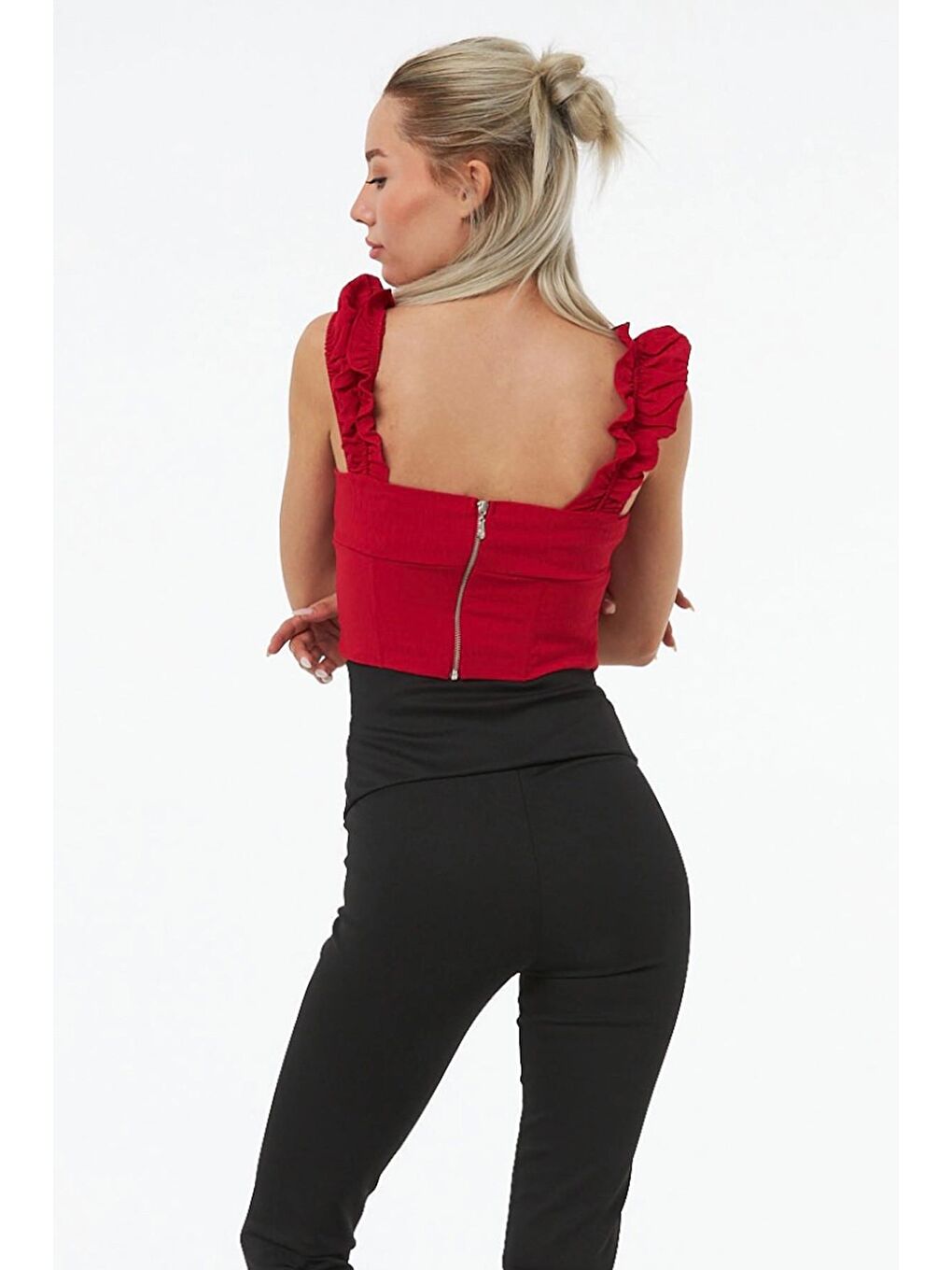 Kırmızı Önü Bağcıklı Büzgü Detaylı Crop Bluz-4