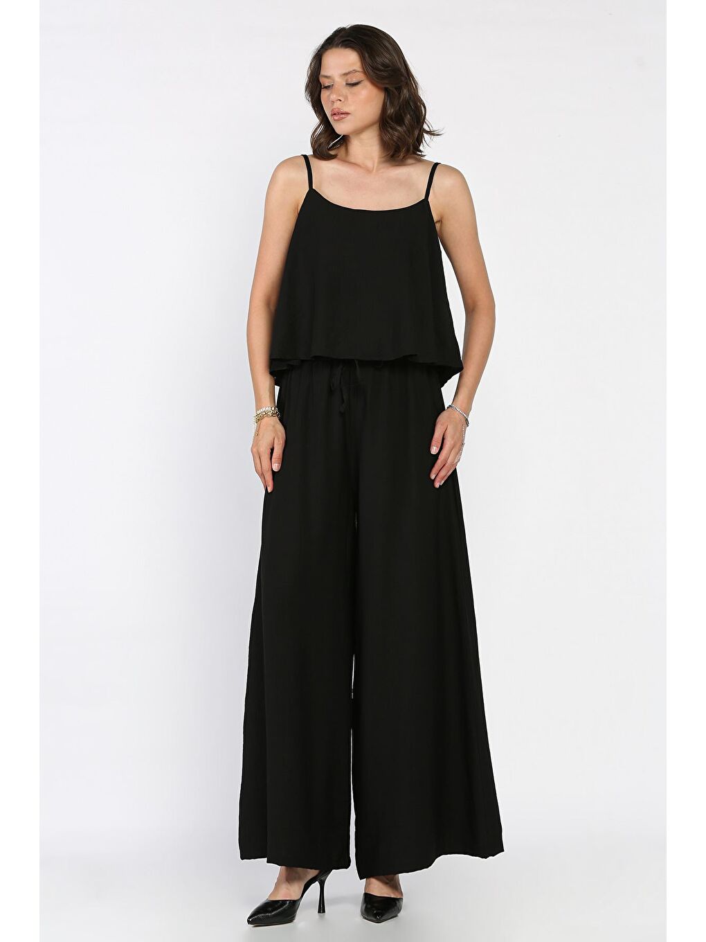 Siyah İp Askılı Bluz Palazzo Pantolon İkili Takım-1