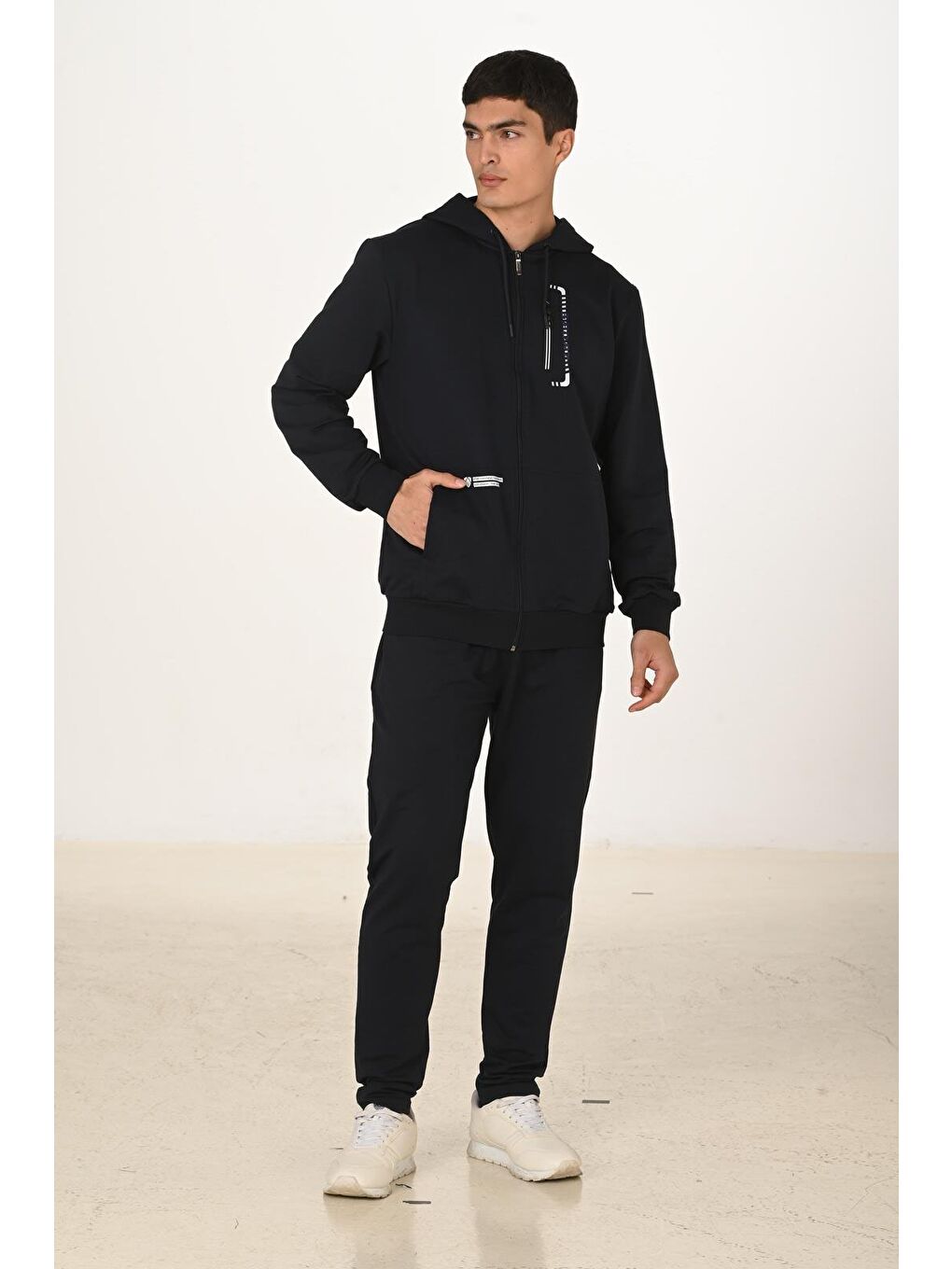 Erkek Pamuklu Kapüşonlu Eşofman Takımı Lacivert 5286-L-3