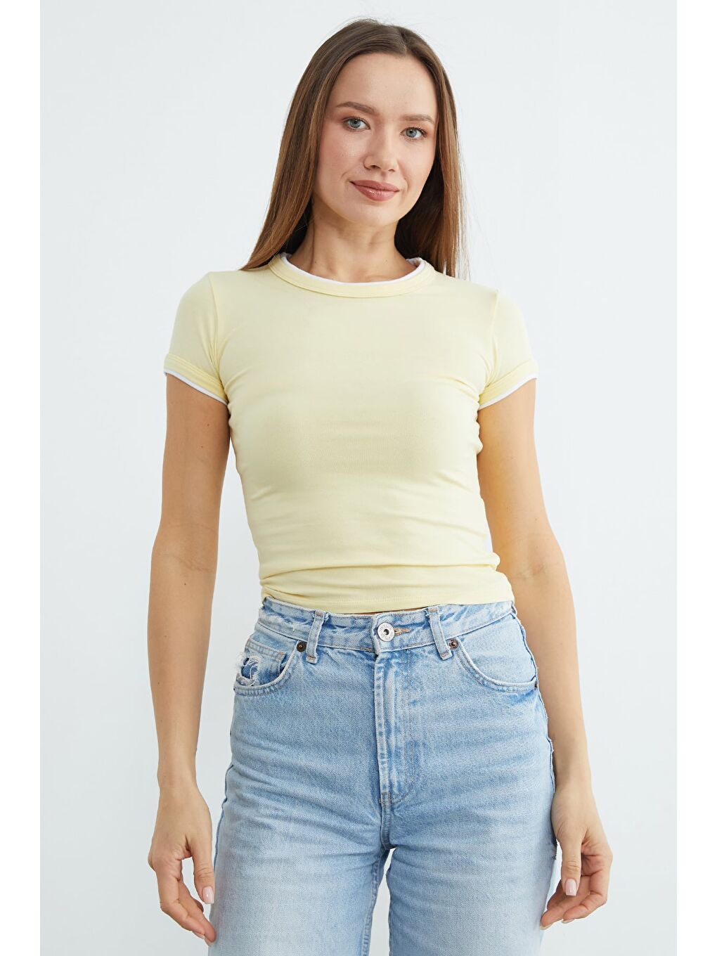 Sarı Basic Bisiklet Yaka Biyeli Crop Tişört-1