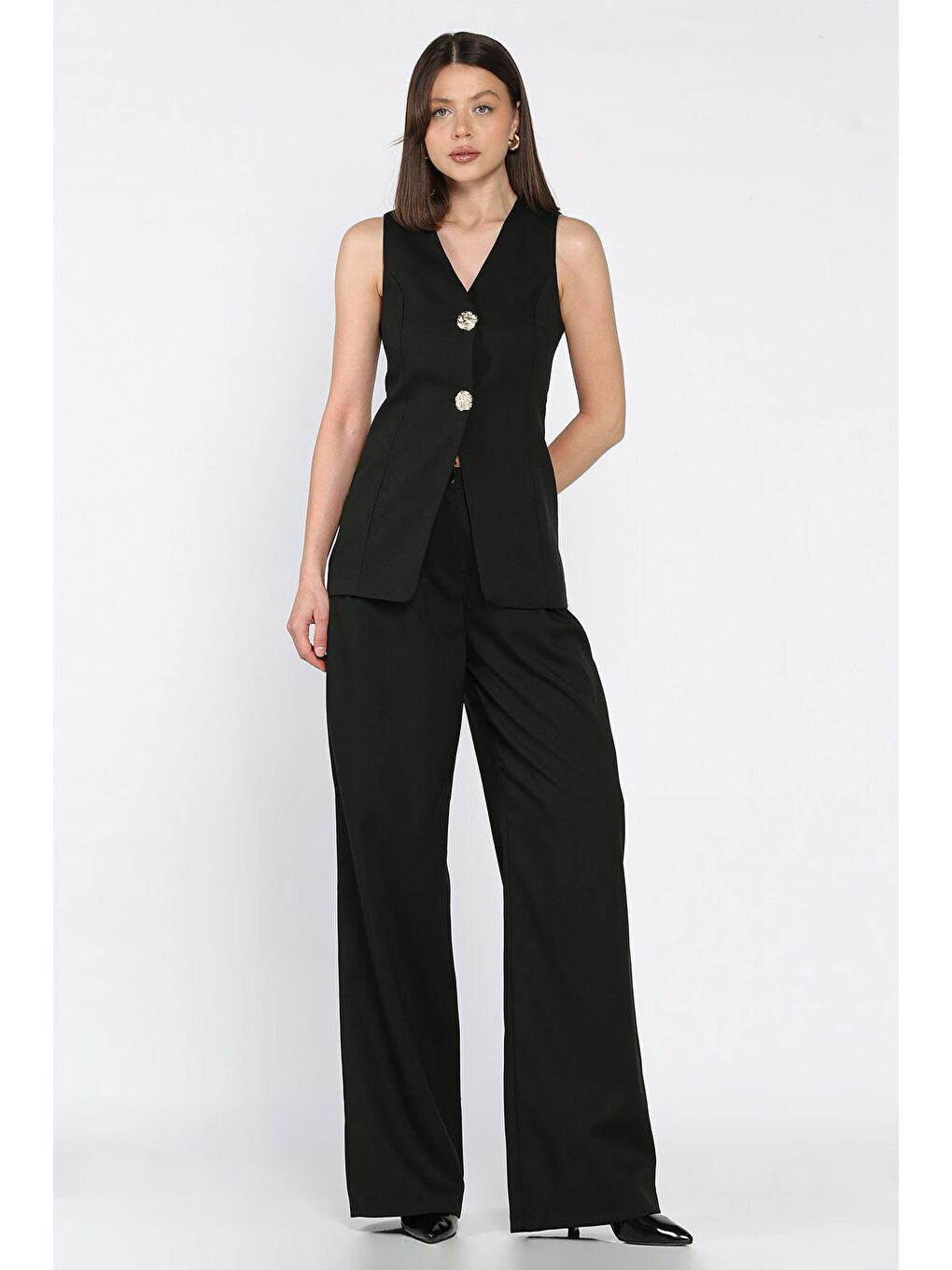 Siyah Çift Düğmeli Yelek Pantolon İkili Takım-1