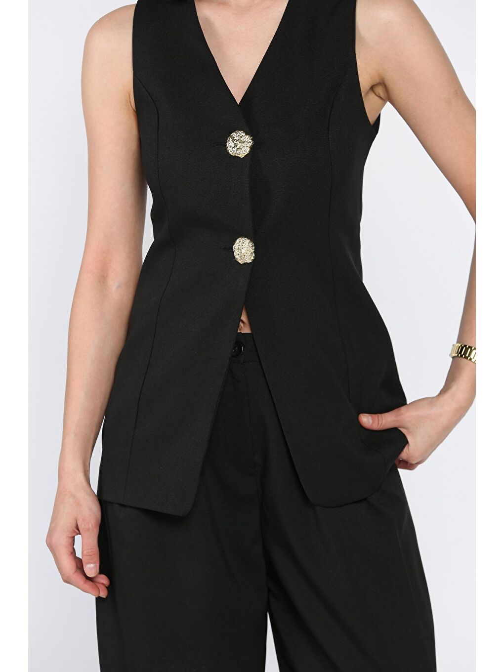 Siyah Çift Düğmeli Yelek Pantolon İkili Takım-3