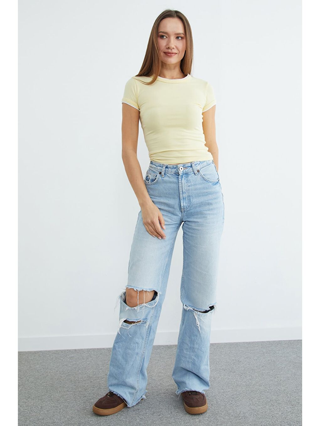 Sarı Basic Bisiklet Yaka Biyeli Crop Tişört-4