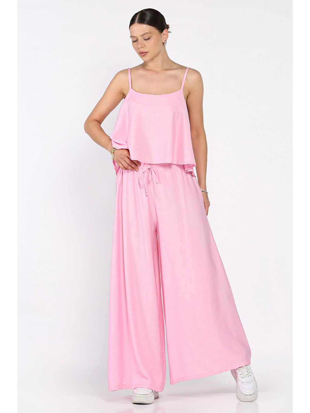 Pembe İp Askılı Bluz Palazzo Pantolon İkili Takım-1
