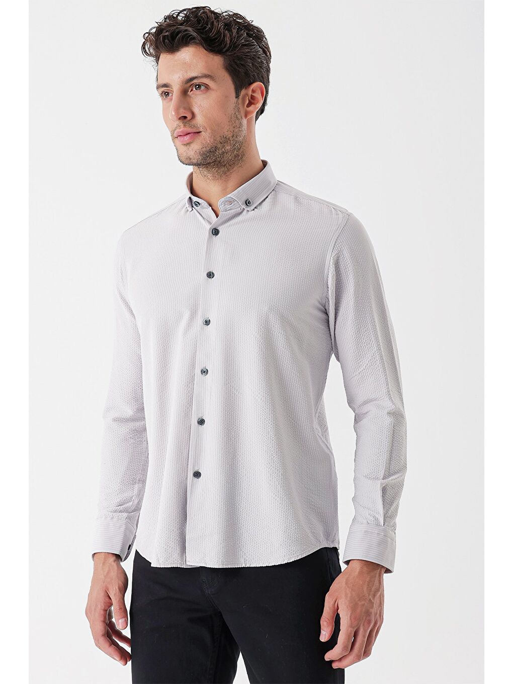 Gri Uzun Kollu Çizgili Gofreli Cepsiz Klasik Slim Fit Dar Kesim Gömlek 1004230233-5