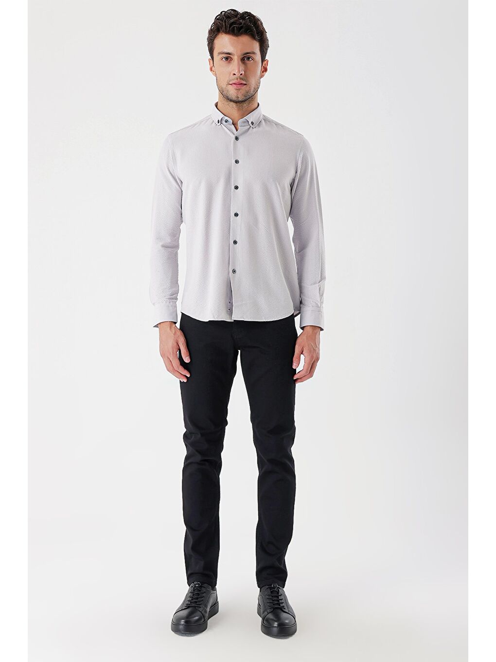Gri Uzun Kollu Çizgili Gofreli Cepsiz Klasik Slim Fit Dar Kesim Gömlek 1004230233-2
