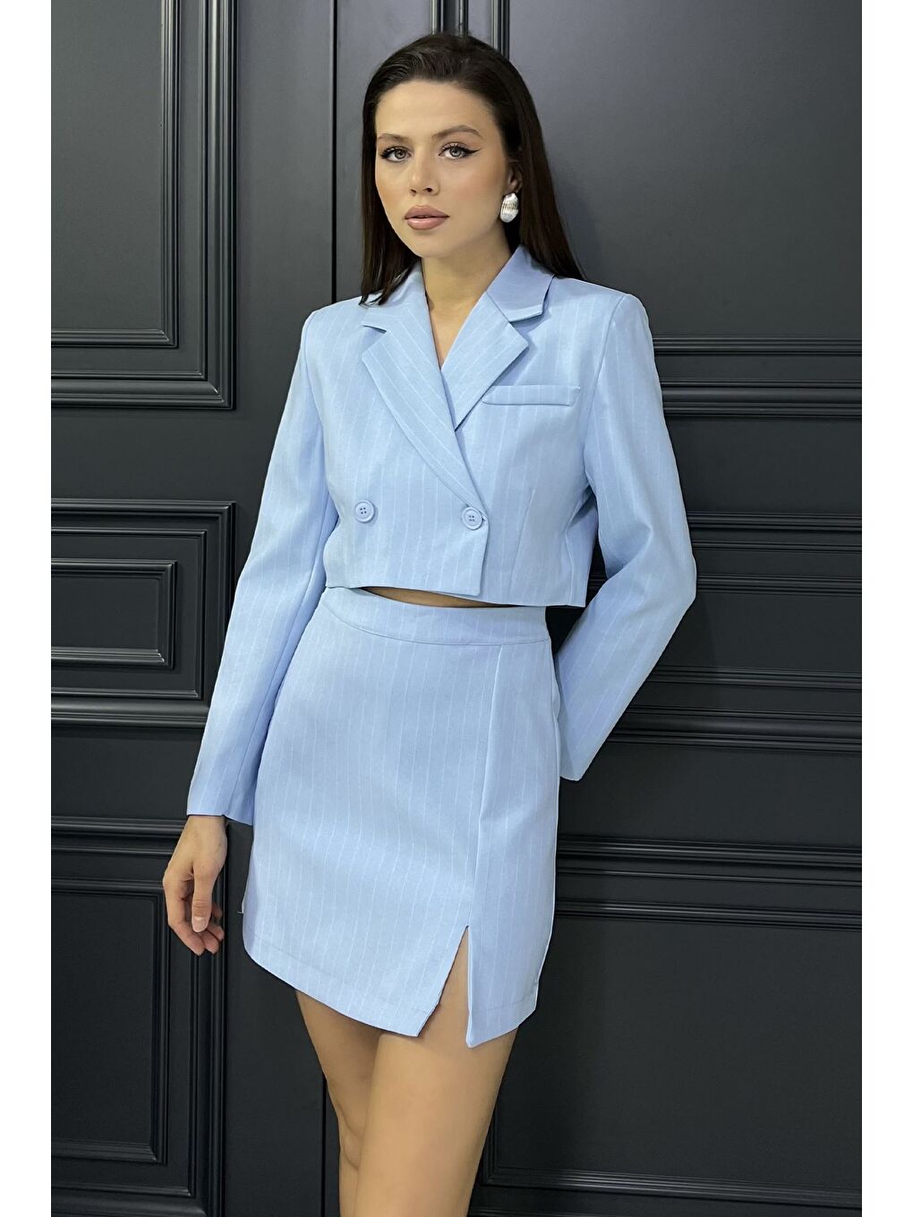 Mavi Çizgili Crop Top Ceket Şort Etek İkili Takım