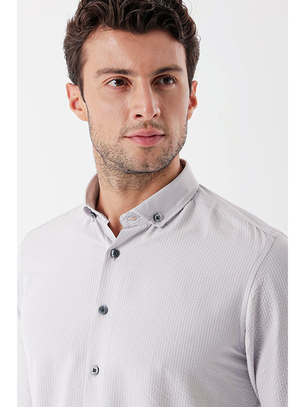 Gri Uzun Kollu Çizgili Gofreli Cepsiz Klasik Slim Fit Dar Kesim Gömlek 1004230233-1