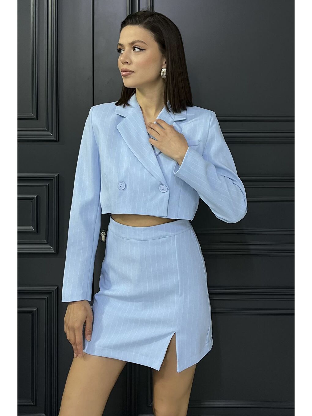 Mavi Çizgili Crop Top Ceket Şort Etek İkili Takım-1