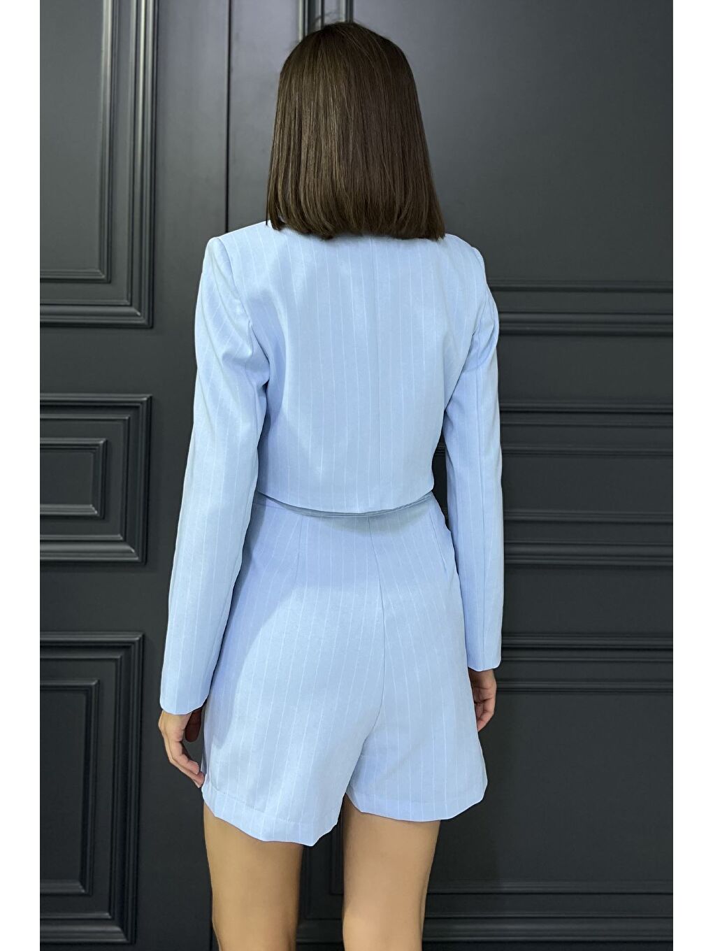 Mavi Çizgili Crop Top Ceket Şort Etek İkili Takım-2