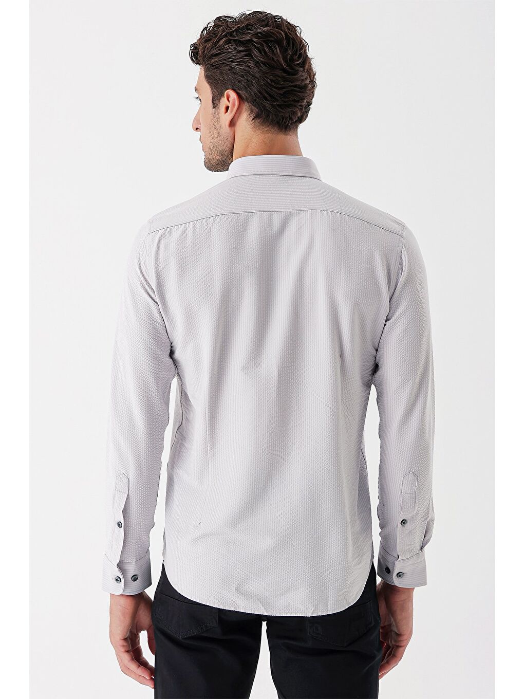 Gri Uzun Kollu Çizgili Gofreli Cepsiz Klasik Slim Fit Dar Kesim Gömlek 1004230233