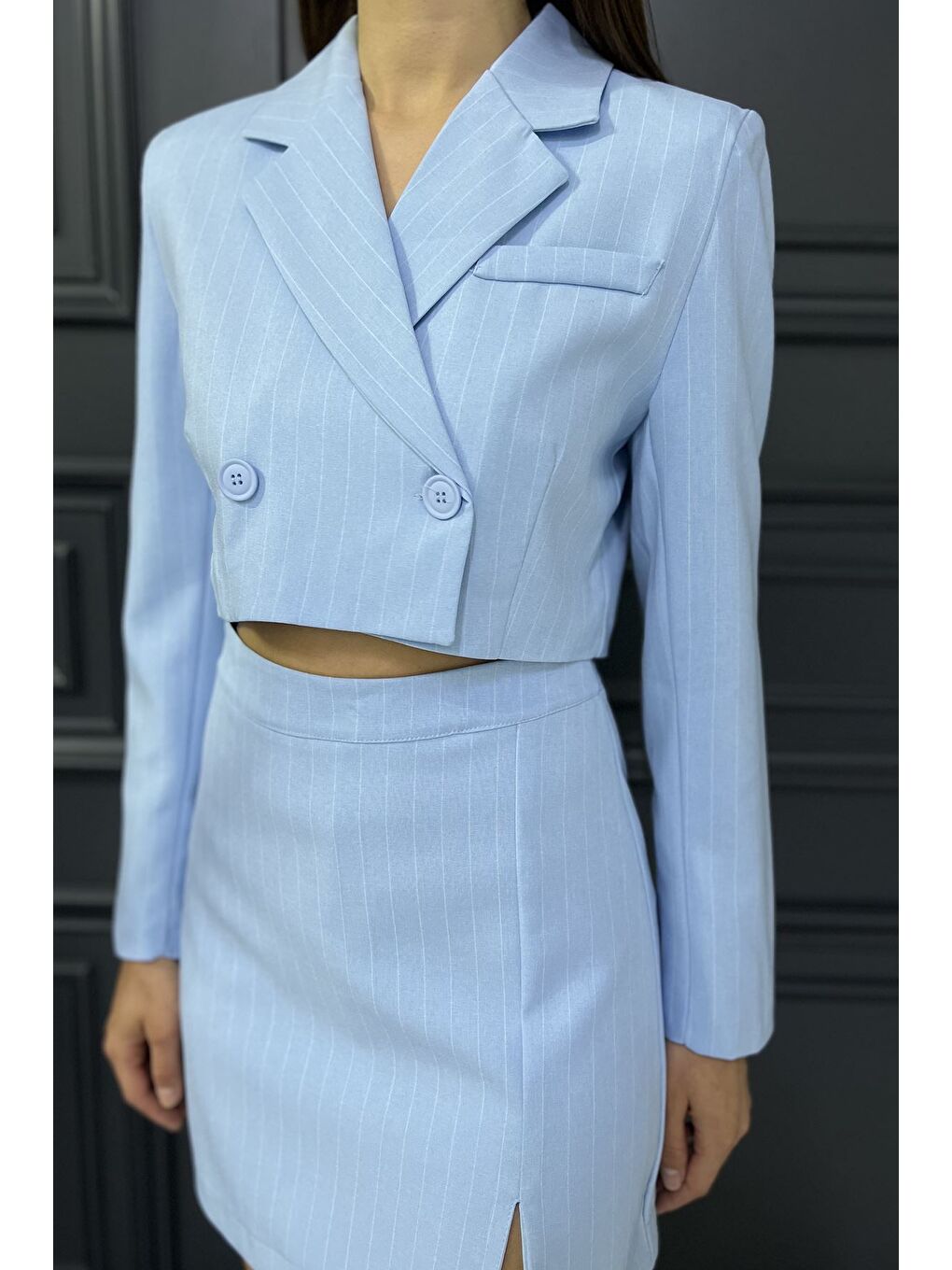 Mavi Çizgili Crop Top Ceket Şort Etek İkili Takım-3