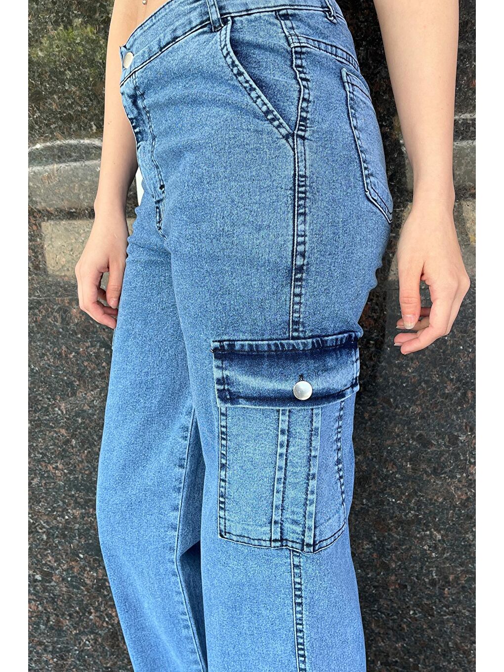 Mavi Yüksek Bel Kargo Cepli Elastanlı Kadın Palazzo Jean Jean Pantolon-2