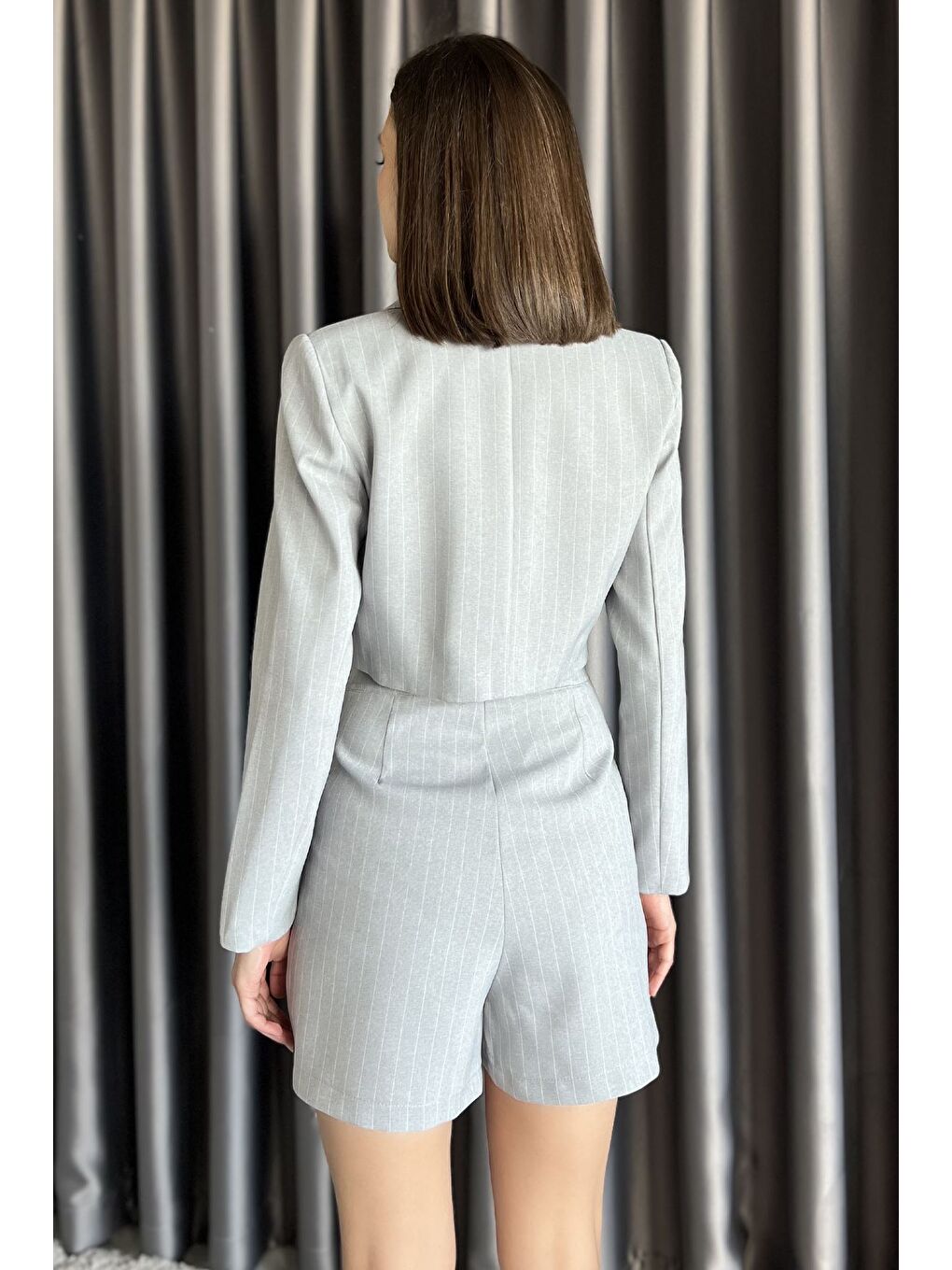 Gri Çizgili Crop Top Ceket Şort Etek İkili Takım-2